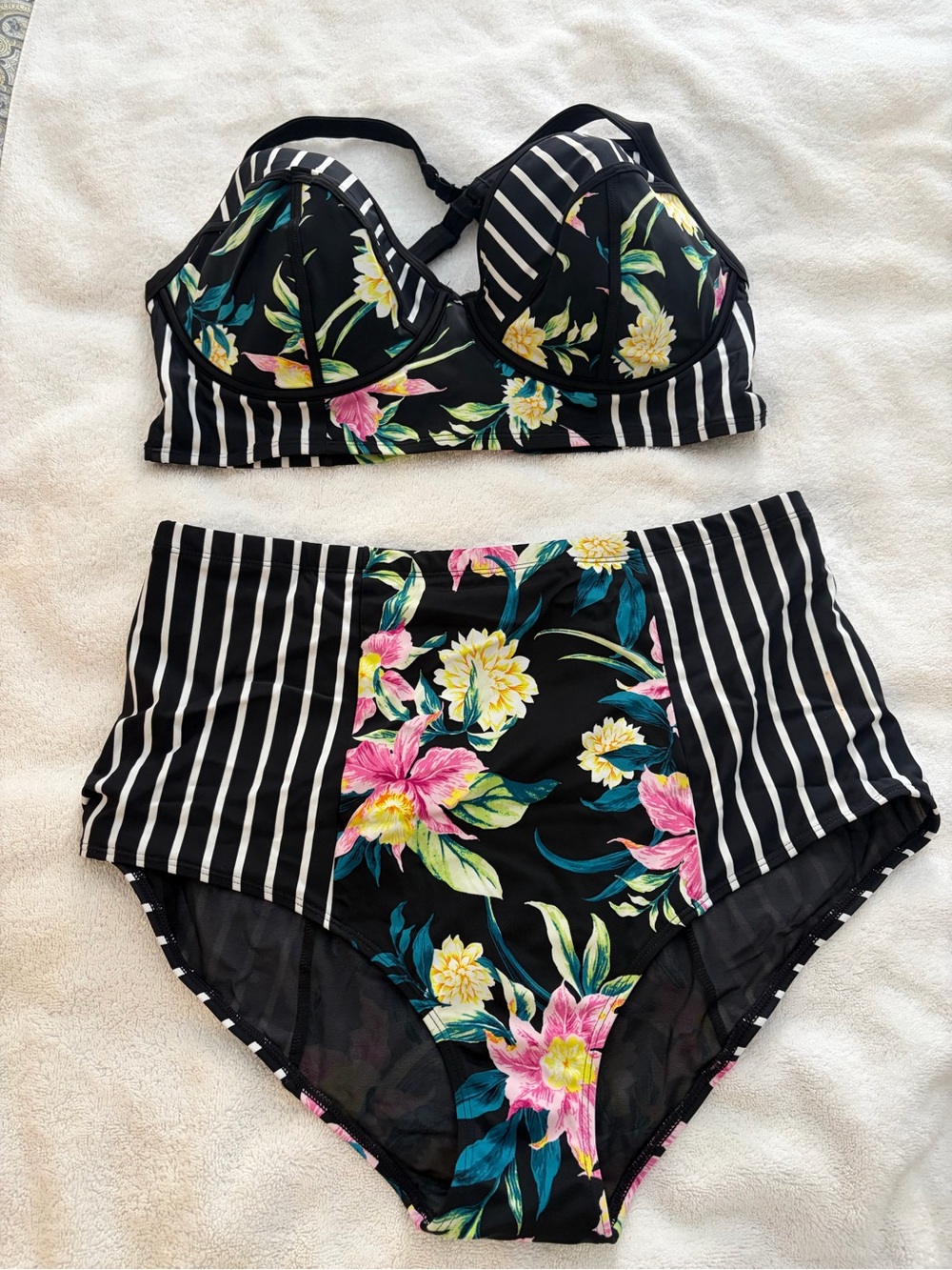 torrid Black Floral & Stripe High-Waist Bikini Set